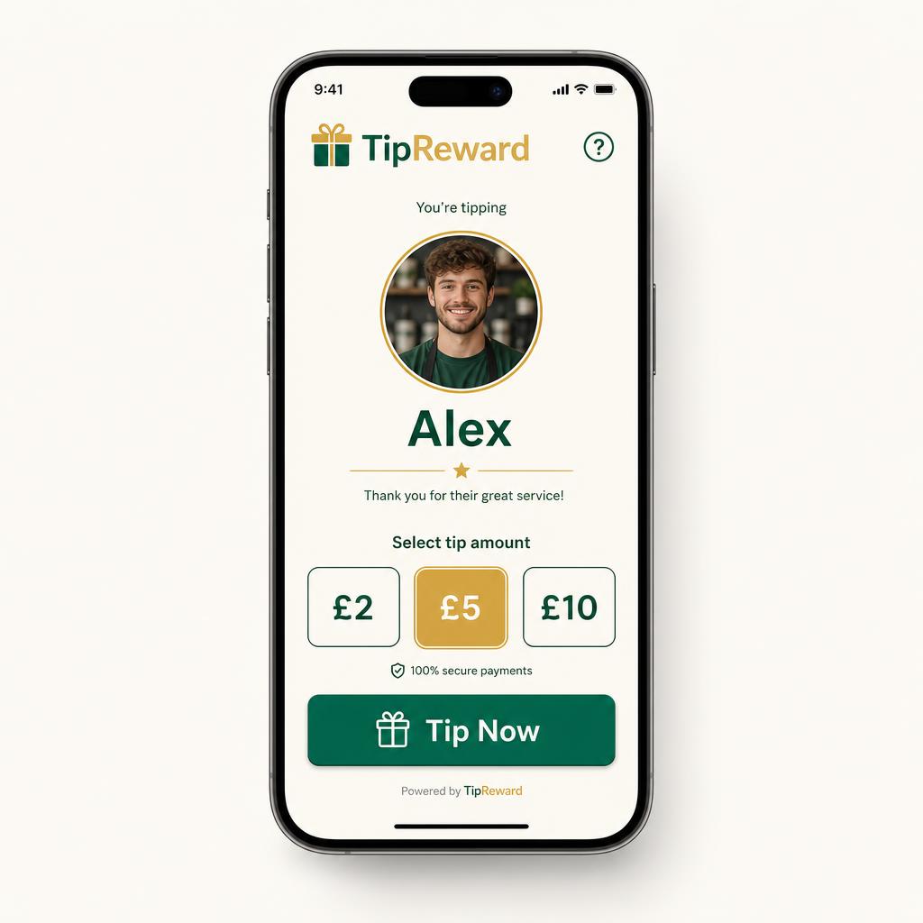 Mobile tipping screen showing Alex with £2, £5 and £10 options
